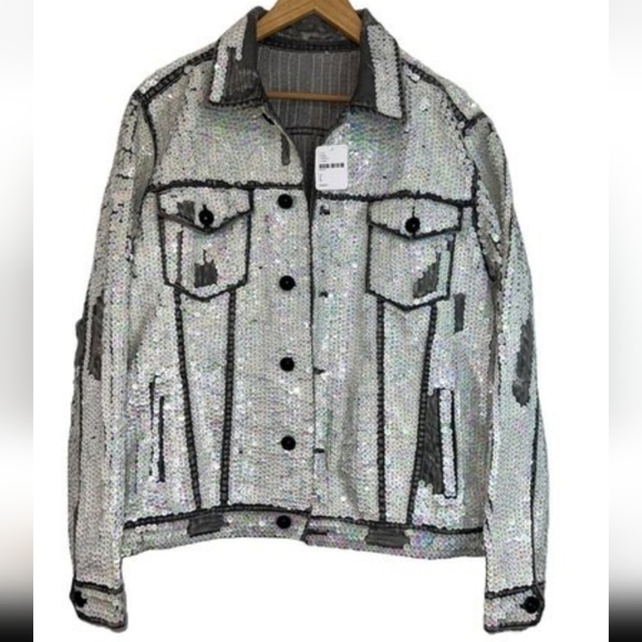 NEW free people momo sequin denim jean oversized jacket hand embroidered size L - Picture 4 of 7